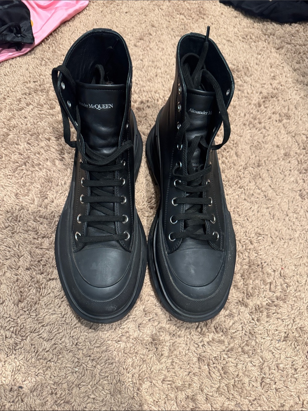 Alexander McQueen Black High-Top Leather Lace-Up Boots